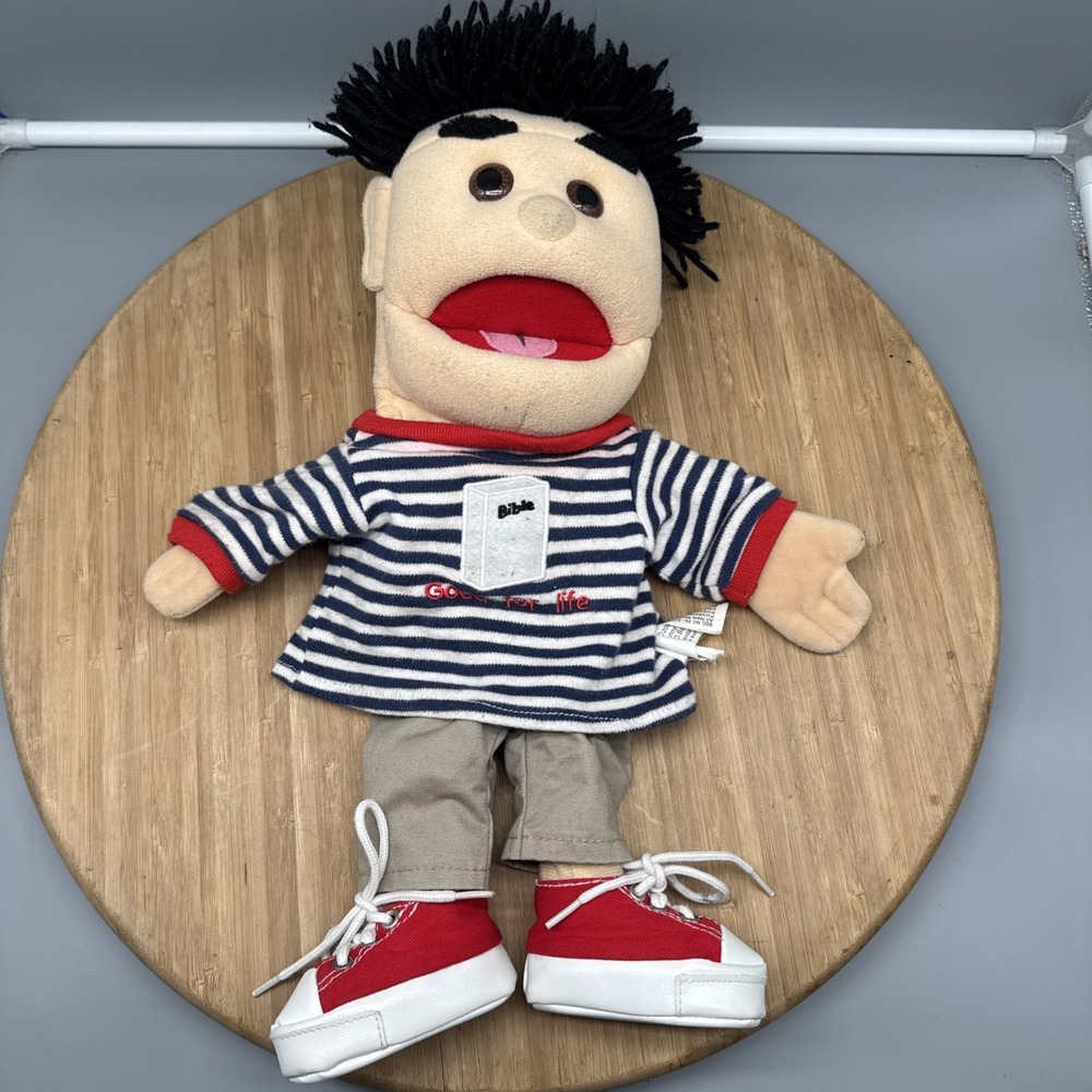 Sunny Toys 14-inch Black Haired Boy Puppet  #GL1661 Striped Shirt Vintage